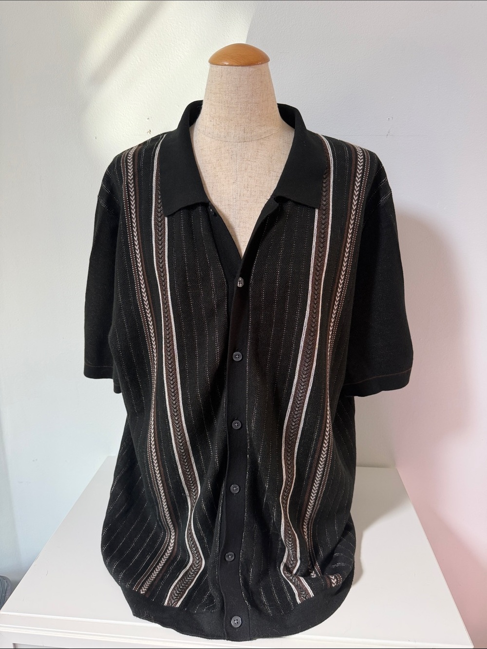 Men's Black Short-Sleeve Button Polo with Vertical Stripe Detail